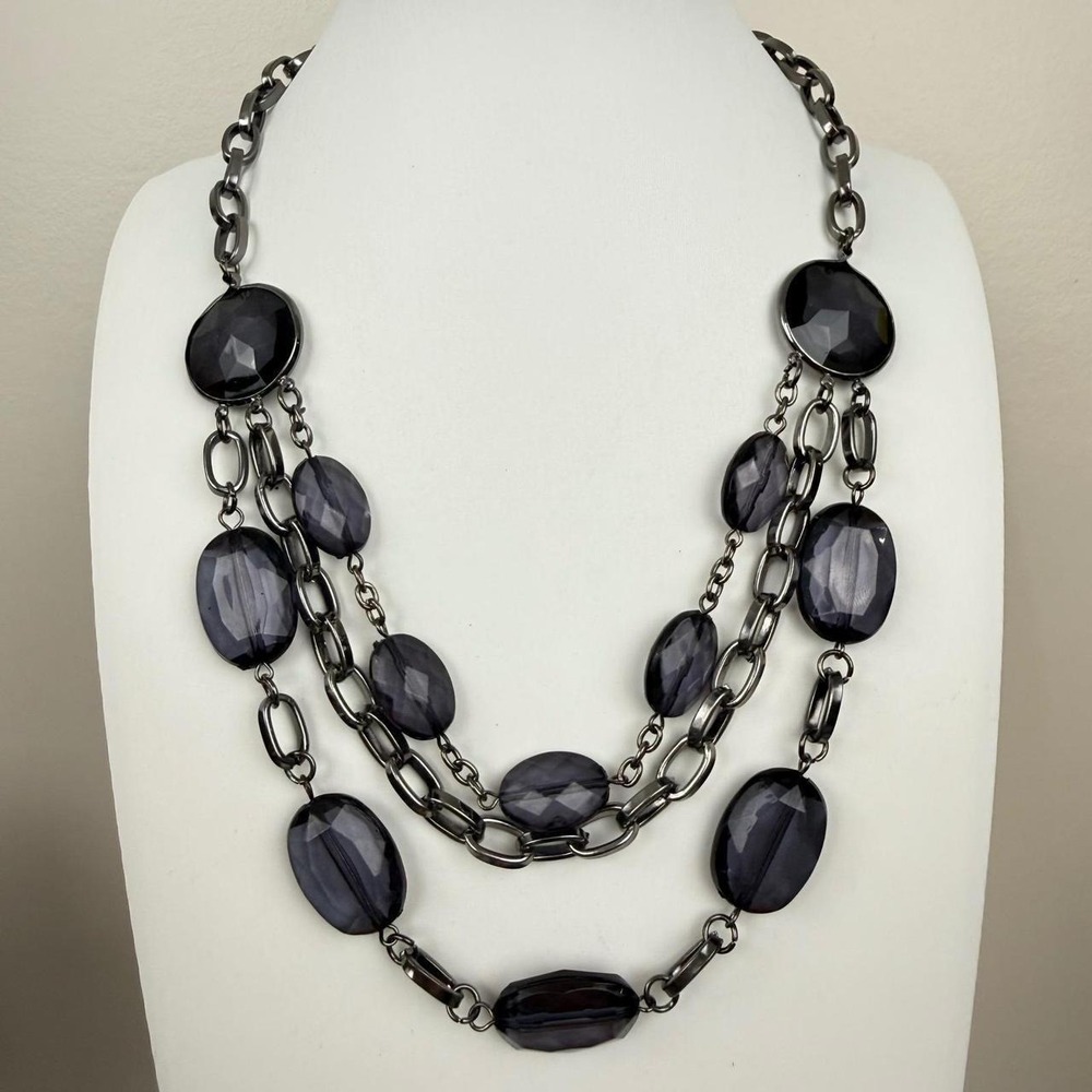 Gunmetal Tone Necklace Smoky Purple Glass Bead Triple Strand Layered Statement